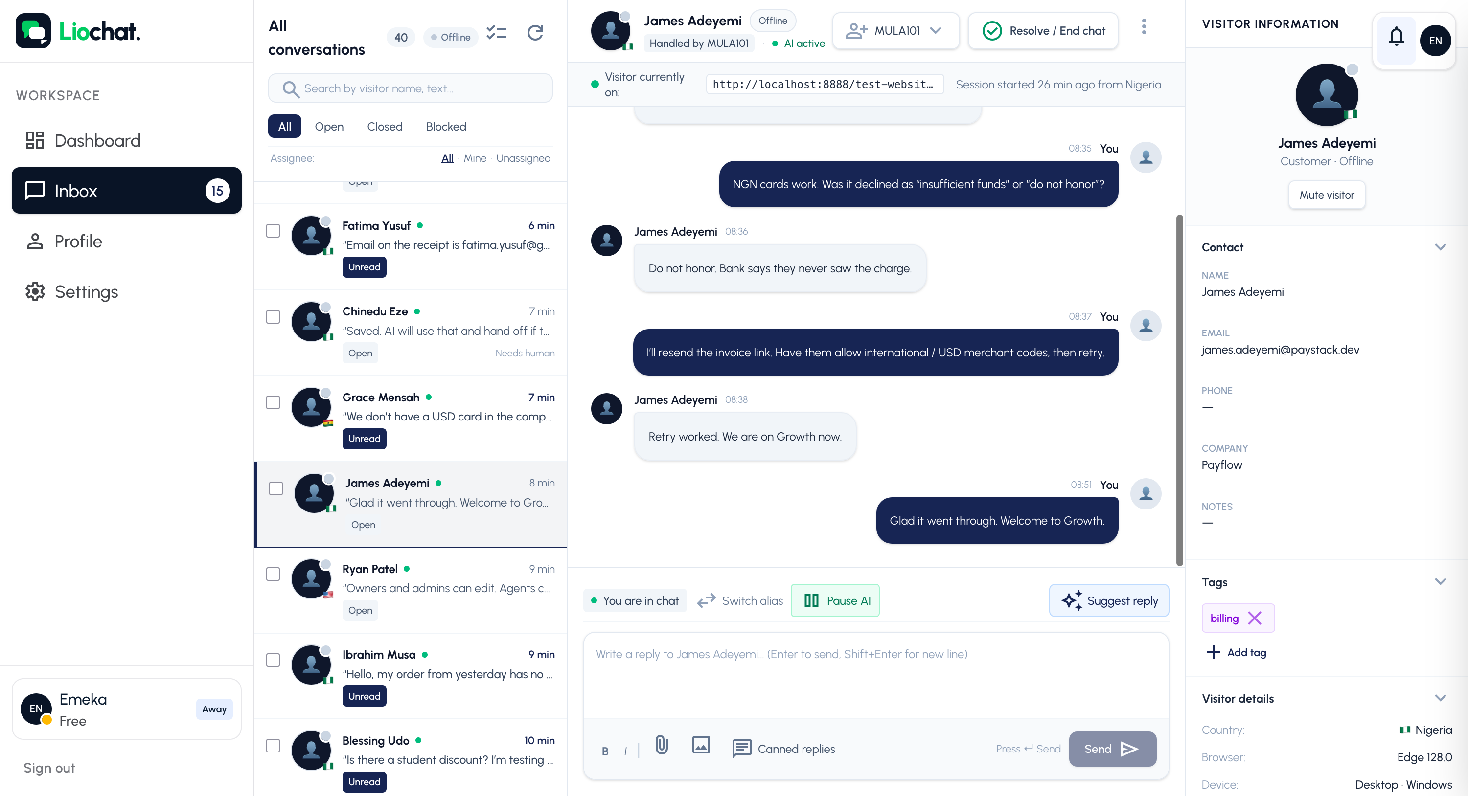 Liochat agent inbox